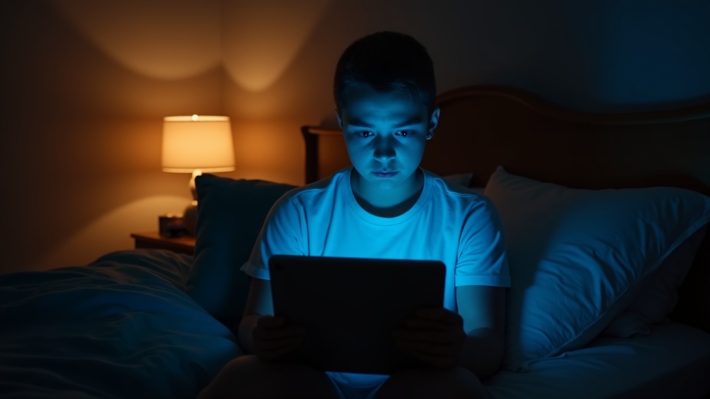 Young adult using a tablet in a softly lit bedroom, illuminated by both a screen’s blue light and a warm bedside lamp, highlighting contrasts between device use and restful ambiance.