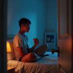 A young adult sits on a bed at night, hesitating with a colorful snack in hand, illuminated by warm and cool lighting in a softly lit bedroom.