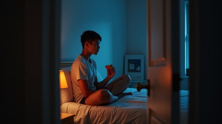 A young adult sits on a bed at night, hesitating with a colorful snack in hand, illuminated by warm and cool lighting in a softly lit bedroom.
