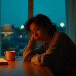 Young adult in a warmly lit living room looks thoughtfully at a half-empty coffee cup as night falls outside, highlighting the struggle with sleep after late-day caffeine.