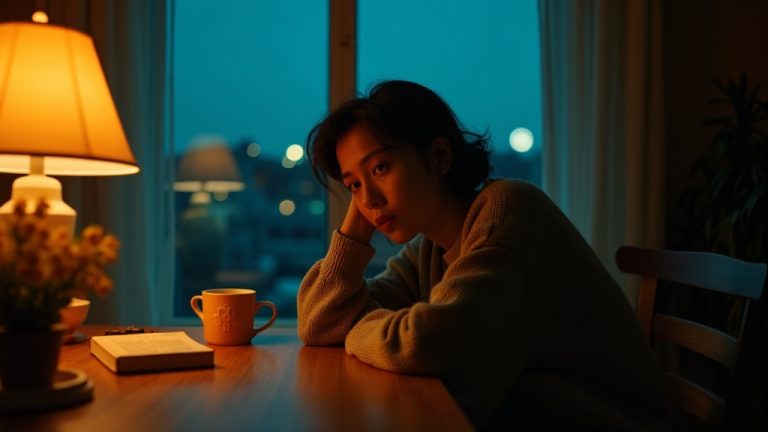 Young adult in a warmly lit living room looks thoughtfully at a half-empty coffee cup as night falls outside, highlighting the struggle with sleep after late-day caffeine.