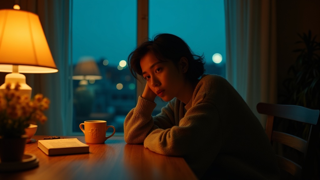 Young adult in a warmly lit living room looks thoughtfully at a half-empty coffee cup as night falls outside, highlighting the struggle with sleep after late-day caffeine.