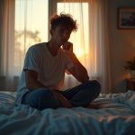 A young man sits on his bed at dawn, looking weary under soft morning light, suggesting early morning fatigue despite an inviting, restful bedroom.