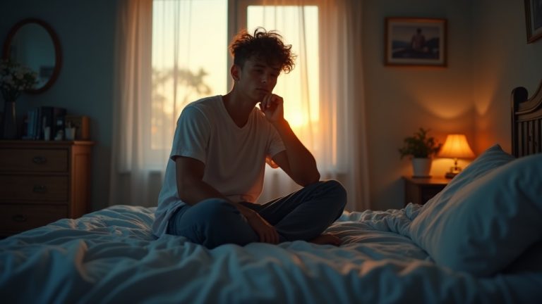 A young man sits on his bed at dawn, looking weary under soft morning light, suggesting early morning fatigue despite an inviting, restful bedroom.