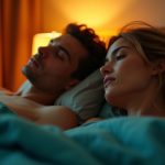 A couple lying in bed at dawn, one appearing peaceful and the other restless, framed closely in warm, mixed light that highlights their contrasting sleep states.