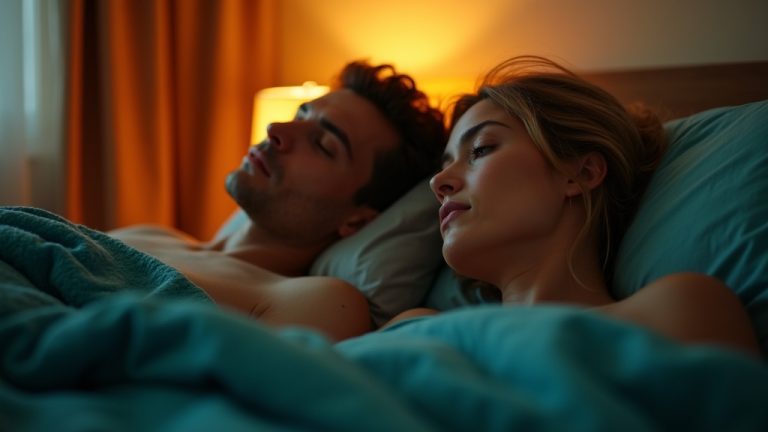 A couple lying in bed at dawn, one appearing peaceful and the other restless, framed closely in warm, mixed light that highlights their contrasting sleep states.