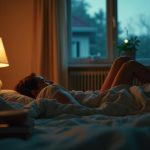 A young adult in bed at dusk, gazing out a partially open window as gentle lamplight contrasts with evening blue tones and personal items rest on the nightstand.