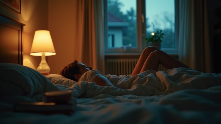 A young adult in bed at dusk, gazing out a partially open window as gentle lamplight contrasts with evening blue tones and personal items rest on the nightstand.