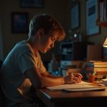 A teenage boy sits at a cluttered desk in a softly lit room, appearing reflective, with contrasting evening and lamp light highlighting his tired expression.