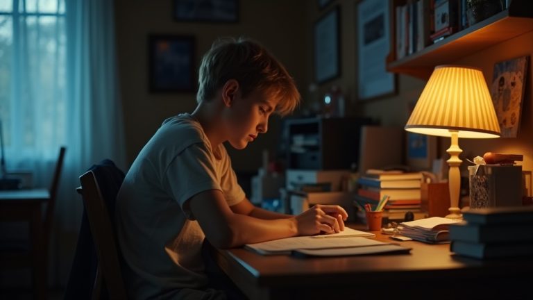 A teenage boy sits at a cluttered desk in a softly lit room, appearing reflective, with contrasting evening and lamp light highlighting his tired expression.