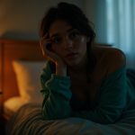 A young adult sits thoughtfully at the edge of a dimly lit bed, softly illuminated by an amber bedside lamp, reflecting on health concerns related to sleep.