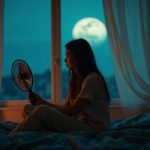 Young adult using a handheld fan in a warmly lit bedroom with an open window at night, seeking relief from heat while preparing to sleep.
