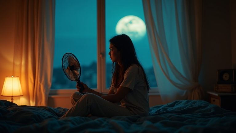 Young adult using a handheld fan in a warmly lit bedroom with an open window at night, seeking relief from heat while preparing to sleep.