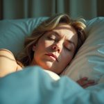 A middle-aged person lies partially awake in bed with soft natural light filtering through curtains, capturing the subtle tension between sleep and wakefulness.