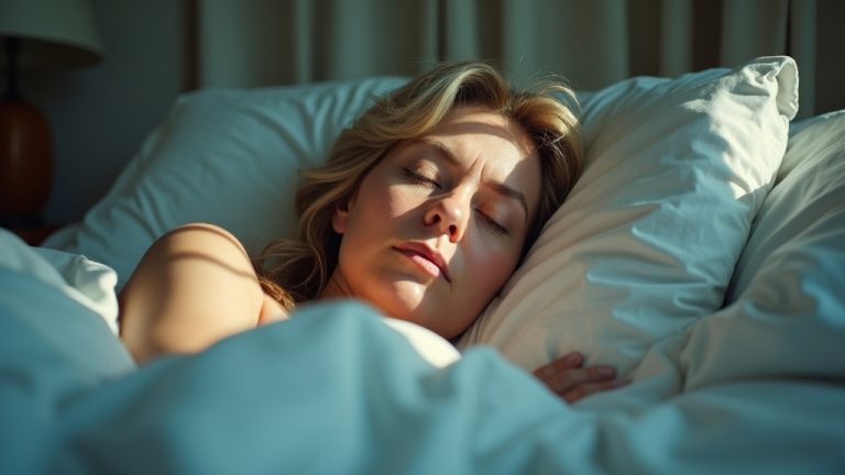 A middle-aged person lies partially awake in bed with soft natural light filtering through curtains, capturing the subtle tension between sleep and wakefulness.