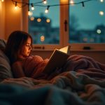 Cozy bedroom with a young adult reading under fairy lights and layered blankets, warm and relaxed atmosphere enhanced by city lights outside the window.