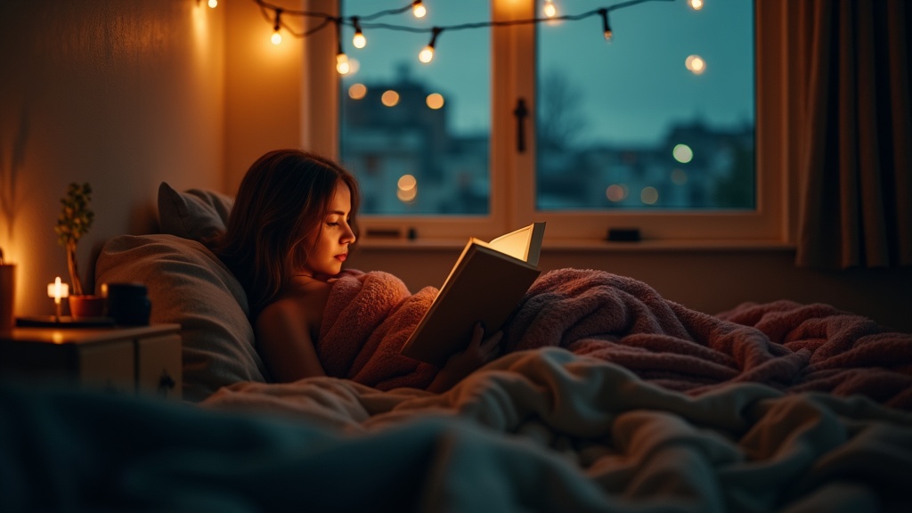 Cozy bedroom with a young adult reading under fairy lights and layered blankets, warm and relaxed atmosphere enhanced by city lights outside the window.