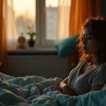 A young adult sits on the edge of an unmade bed in soft morning light, surrounded by a cluttered nightstand and a blinking alarm clock, conveying the impact of daily stress on sleep.