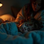 A parent gently tucks a peacefully sleeping child into bed under warm, soft lighting, creating a cozy bedtime atmosphere.