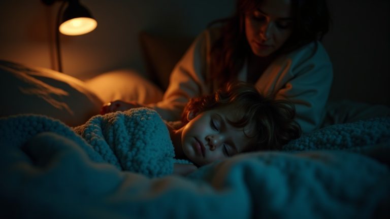 A parent gently tucks a peacefully sleeping child into bed under warm, soft lighting, creating a cozy bedtime atmosphere.