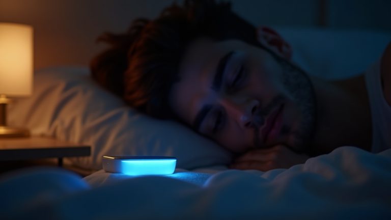 A thoughtful young adult lies in bed at dusk beside a softly glowing sleep tracker on the nightstand, bathed in warm and cool light.