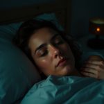 A person in their 30s lying awake in bed at dawn, showing subtle signs of unrest and tension, in a softly lit and cozy bedroom.