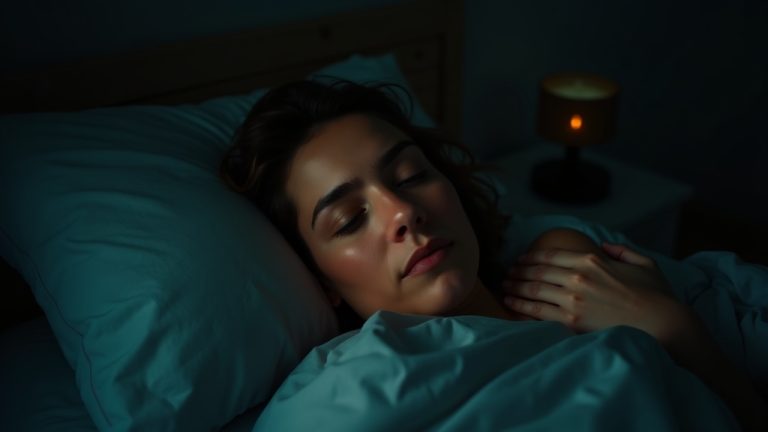 A person in their 30s lying awake in bed at dawn, showing subtle signs of unrest and tension, in a softly lit and cozy bedroom.