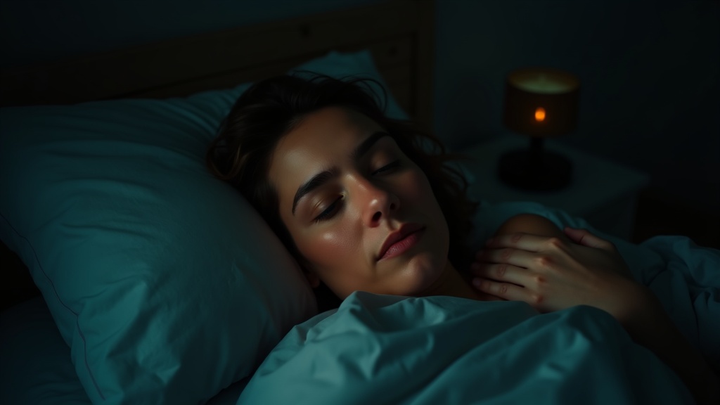 A person in their 30s lying awake in bed at dawn, showing subtle signs of unrest and tension, in a softly lit and cozy bedroom.
