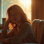 A young adult at a sunlit desk in the late afternoon looks thoughtfully out the window, suggesting contemplation about daytime sleep habits.