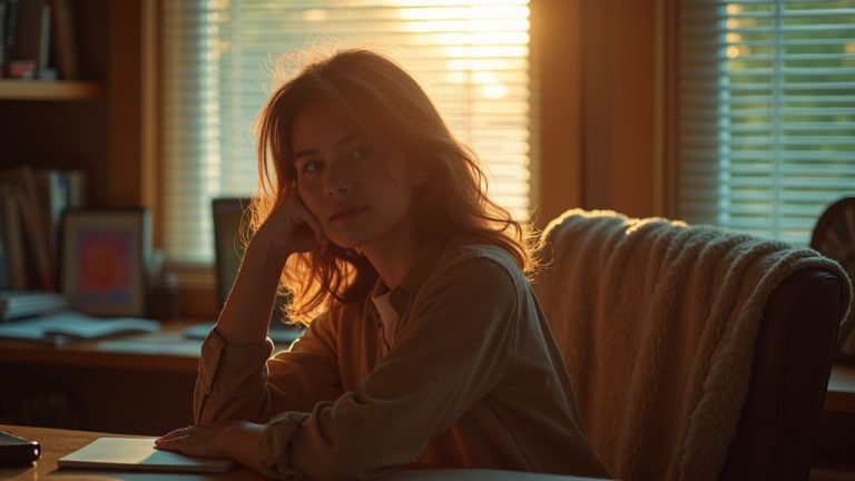 A young adult at a sunlit desk in the late afternoon looks thoughtfully out the window, suggesting contemplation about daytime sleep habits.