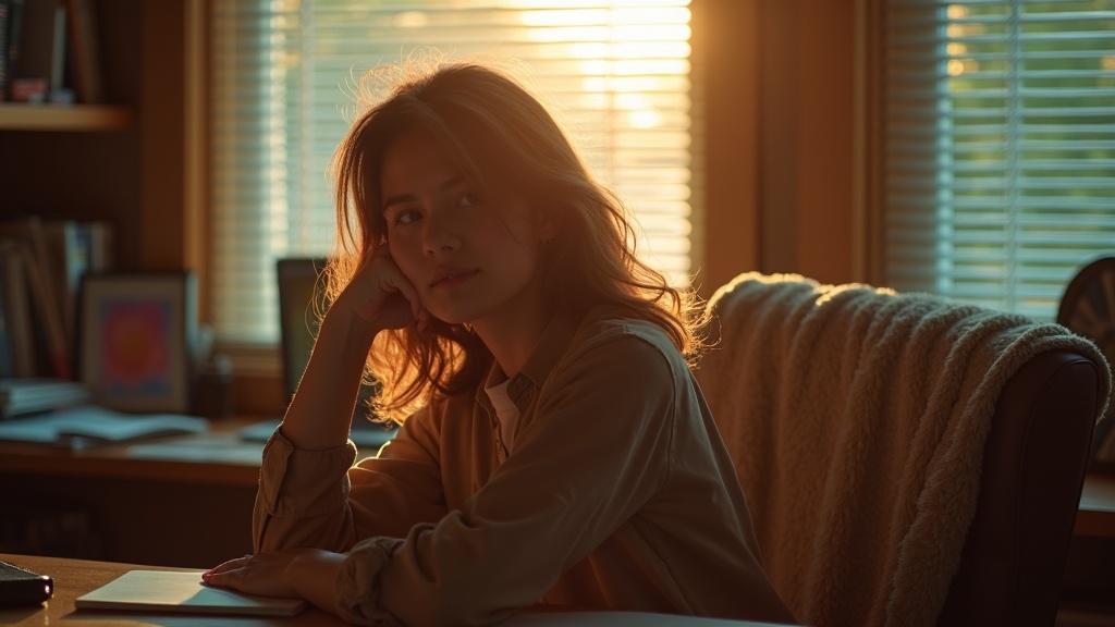 A young adult at a sunlit desk in the late afternoon looks thoughtfully out the window, suggesting contemplation about daytime sleep habits.
