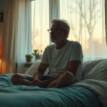 A middle-aged person sits on the edge of a bed in soft dawn light, looking contemplative and frustrated, with subtle morning and lamplight tones in a cozy bedroom.