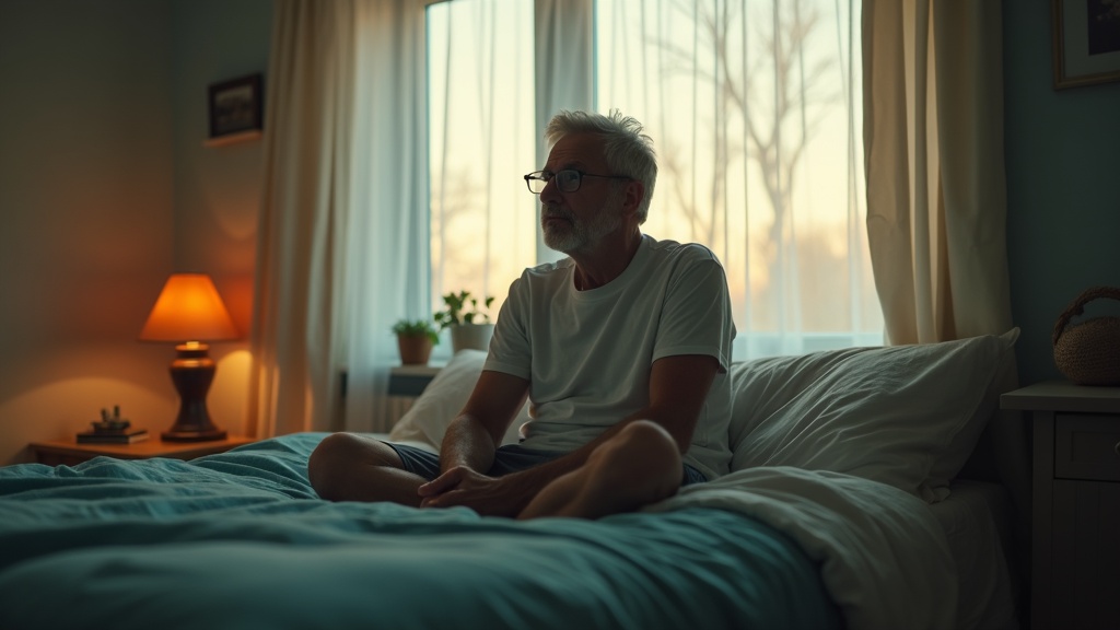 A middle-aged person sits on the edge of a bed in soft dawn light, looking contemplative and frustrated, with subtle morning and lamplight tones in a cozy bedroom.