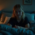 A young adult sits quietly on a bed in a softly lit room, appearing contemplative, with warm lamp light and cool moonlight highlighting the contrast between calm and tension.