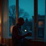 A weary shift worker stands by a warmly lit window at night, holding a steaming cup and looking out thoughtfully into the dark blue evening.