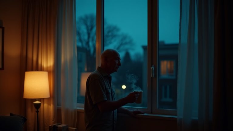 A weary shift worker stands by a warmly lit window at night, holding a steaming cup and looking out thoughtfully into the dark blue evening.