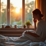 A thoughtful adult sits on the edge of a bed in a warmly lit bedroom at dawn, reflecting on interrupted sleep amid gentle morning light and signs of nighttime activity.