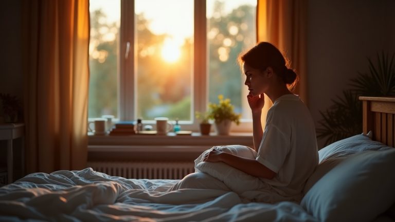 A thoughtful adult sits on the edge of a bed in a warmly lit bedroom at dawn, reflecting on interrupted sleep amid gentle morning light and signs of nighttime activity.