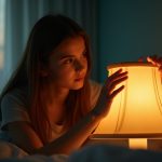 A focused young adult adjusts a lampshade at twilight in a softly lit bedroom, highlighting a calm, inviting atmosphere with muted colors and gentle light.