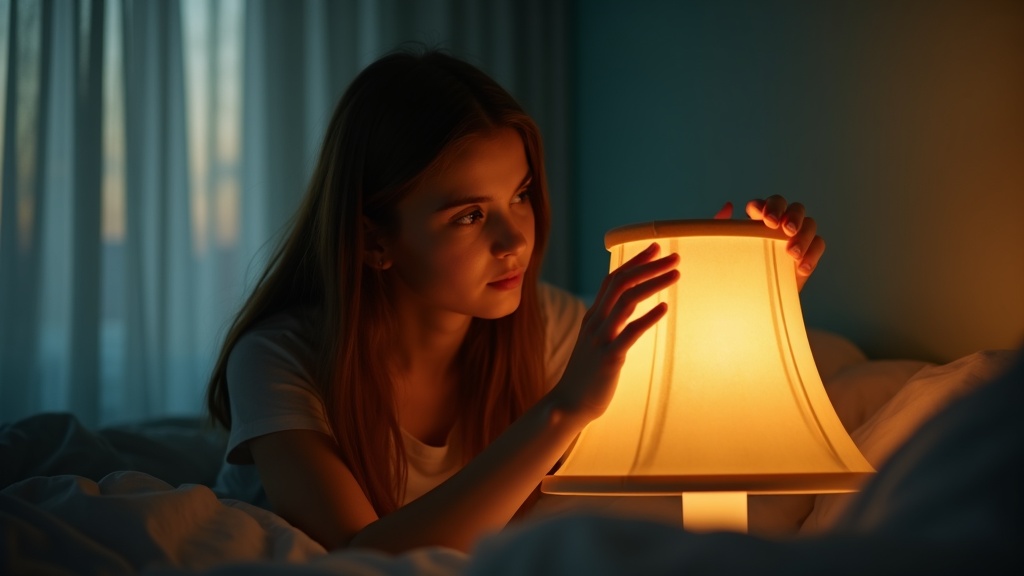 A focused young adult adjusts a lampshade at twilight in a softly lit bedroom, highlighting a calm, inviting atmosphere with muted colors and gentle light.