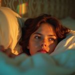 A contemplative person lying awake at dawn in a softly lit bedroom, light patterns from partially open blinds highlighting their thoughtful expression and the textured bedding.