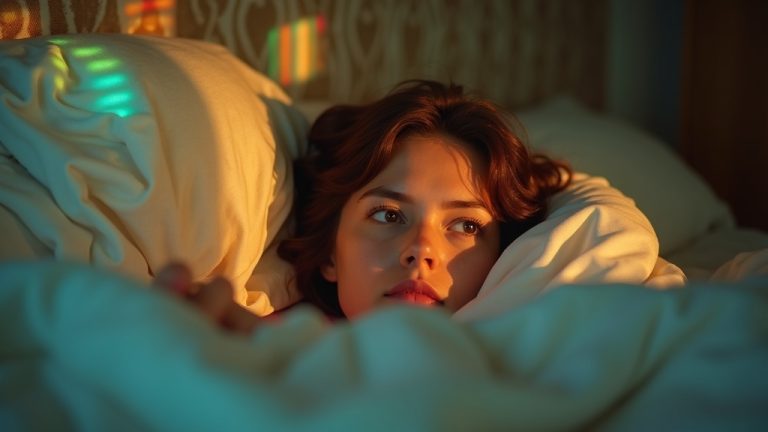 A contemplative person lying awake at dawn in a softly lit bedroom, light patterns from partially open blinds highlighting their thoughtful expression and the textured bedding.