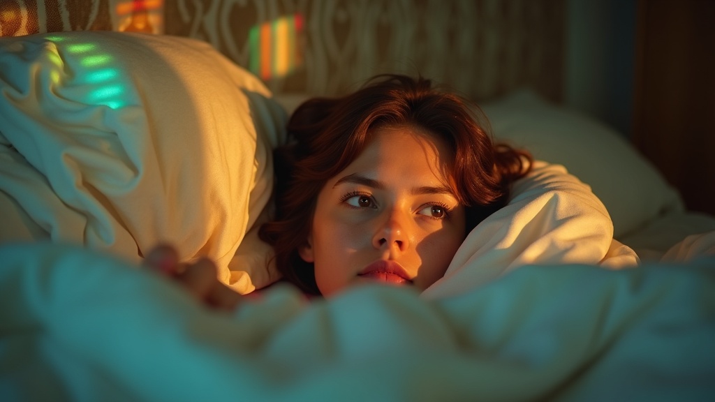 A contemplative person lying awake at dawn in a softly lit bedroom, light patterns from partially open blinds highlighting their thoughtful expression and the textured bedding.