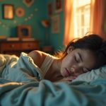 A teenage girl sleeps peacefully on a sunlit, teal-walled bed surrounded by posters, string lights, and study materials, capturing the balance between rest and daily pressures.