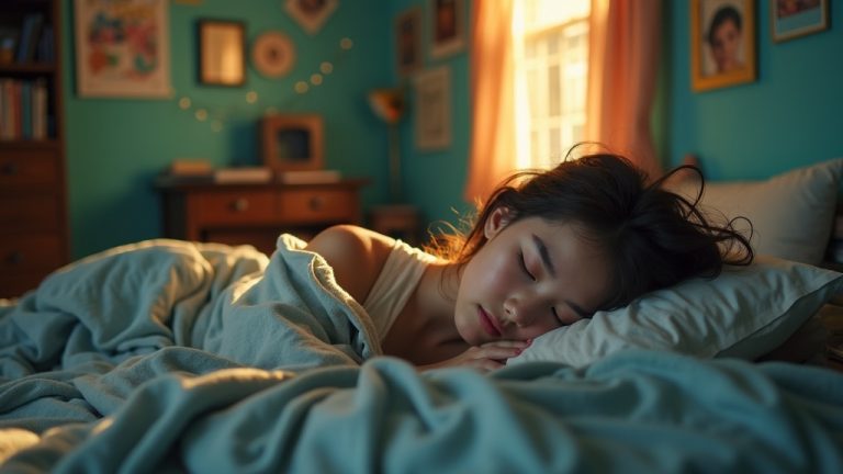 A teenage girl sleeps peacefully on a sunlit, teal-walled bed surrounded by posters, string lights, and study materials, capturing the balance between rest and daily pressures.
