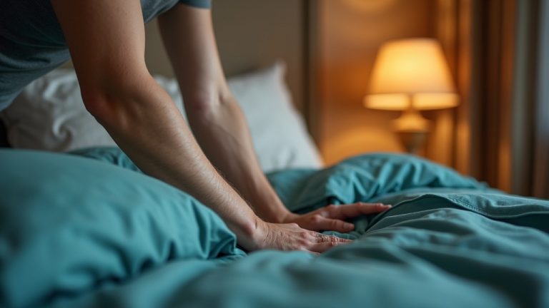 A person thoughtfully arranging pillows and a teal duvet on a sunlit bed, creating a cozy and inviting bedroom atmosphere.
