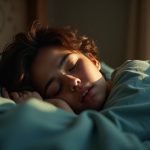 A drowsy person in their late thirties rests in bed at dawn, highlighted by soft amber morning light and a slightly rumpled comforter, reflecting restless sleep.