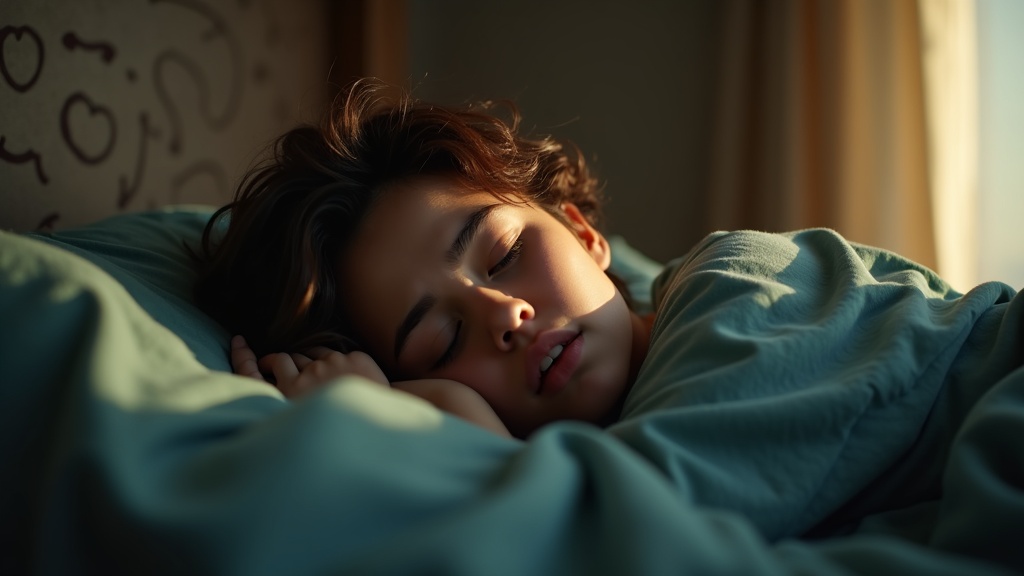 A drowsy person in their late thirties rests in bed at dawn, highlighted by soft amber morning light and a slightly rumpled comforter, reflecting restless sleep.