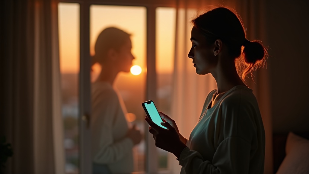 A thoughtful person in morning light examines their smartphone by a bedroom window, reflecting on sleep tracking results.