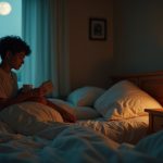 A thoughtful person at bedside examines herbal teas in soft evening light, with contrasting moonlight and lamp glow highlighting a calm, contemplative mood.